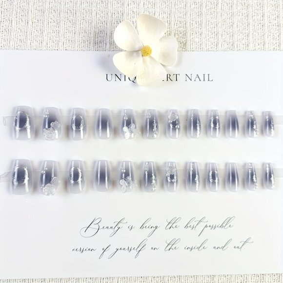 24pcs Press-On Nails Set Blue Gradient With Delicate Aurora Butterfly - Picture 2 of 4